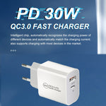 Carregador de Porta Dupla PD30W USB-C / Tipo-C + QC3.0 USB com Cabo de Dados USB para 8 Pinos de 1m, Ficha UE, Ficha EUA, Ficha AU