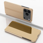 Capa para telemóvel em pele com espelho eletroplatinado horizontal e suporte, para iPhone 17e / 16e, para iPhone 17 Pro Max, para iPhone 17 Pro, para iPhone 17, para iPhone Air, para iPhone 16 Pro Max