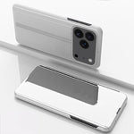 Capa para telemóvel em pele com espelho eletroplatinado horizontal e suporte, para iPhone 17e / 16e, para iPhone 17 Pro Max, para iPhone 17 Pro, para iPhone 17, para iPhone Air, para iPhone 16 Pro Max