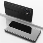 Capa para telemóvel em pele com espelho eletroplatinado horizontal e suporte, para iPhone 17e / 16e, para iPhone 17 Pro Max, para iPhone 17 Pro, para iPhone 17, para iPhone Air, para iPhone 16 Pro Max