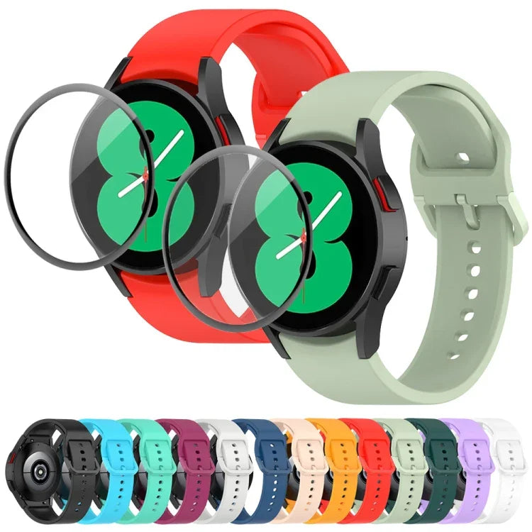 Kit de Pulseira Ajustável em Silicone JUNSUNMAY + Protetor de Ecrã PMMA de Cobertura Total, Para Samsung Galaxy Watch5 40mm, Para Samsung Galaxy Watch4 44mm, Para Samsung Galaxy Watch4 40mm