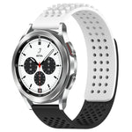 Breathable silicone watch band for Galaxy Watch displayed with a stylish timepiece in black and white.