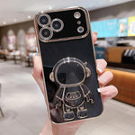 Capa para telemóvel com suporte de astronauta eletroplatinado, para iPhone 17e / 16e, para iPhone 17 Pro Max, para iPhone 17 Pro, para iPhone 17, para iPhone Air, para iPhone 16 Pro Max, para iPhone 16 Pro, para iPhone 16 Plus