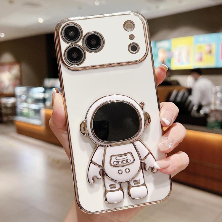 Capa para telemóvel com suporte de astronauta eletroplatinado, para iPhone 17e / 16e, para iPhone 17 Pro Max, para iPhone 17 Pro, para iPhone 17, para iPhone Air, para iPhone 16 Pro Max, para iPhone 16 Pro, para iPhone 16 Plus