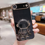 Capa para telemóvel com suporte de astronauta eletroplatinado, para iPhone 17e / 16e, para iPhone 17 Pro Max, para iPhone 17 Pro, para iPhone 17, para iPhone Air, para iPhone 16 Pro Max, para iPhone 16 Pro, para iPhone 16 Plus