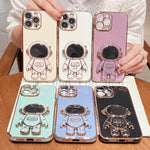 Capa para telemóvel com suporte de astronauta eletroplatinado, para iPhone 17e / 16e, para iPhone 17 Pro Max, para iPhone 17 Pro, para iPhone 17, para iPhone Air, para iPhone 16 Pro Max, para iPhone 16 Pro, para iPhone 16 Plus