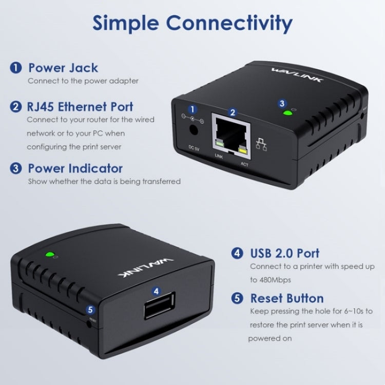 Servidor de Impressão de Rede WAVLINK NU72P11 100Mbps USB 2.0, Adaptador de Energia para Impressora de Rede, Plugue US, Plugue UK, Plugue EU, Plugue AU