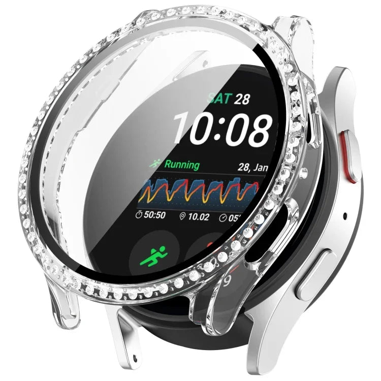 Capa Protetora de Relógio Integrada em PC + Filme Temperado com Fileira Única de Diamantes, para Samsung Galaxy Watch 7 44mm, para Samsung Galaxy Watch 7 40mm