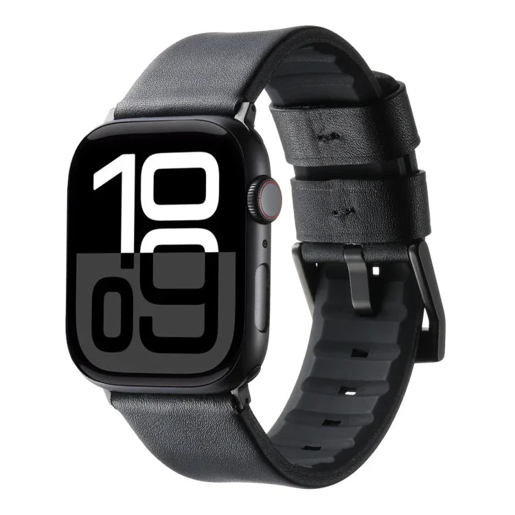 Pulseira de Relógio Híbrida em Couro Genuíno e Silicone, Para Apple Watch Series 10 46mm, Para Apple Watch Series 10 42mm, Para Apple Watch SE 2023 44mm, Para Apple Watch SE 2023 40mm, Para Apple Watch Ultra 2 49mm, Para Apple Watch Series 9 45mm