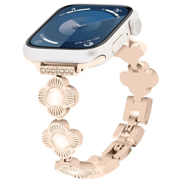 Four Leaf Clover Quick-Release Metal Chain Watch Band, For Apple Watch SE 2023 44mm, For Apple Watch SE 2023 40mm, For Apple Watch Ultra 2 49mm, For Apple Watch Series 9 45mm, For Apple Watch Series 9 41mm, For Apple Watch Ultra 49mm                   ...