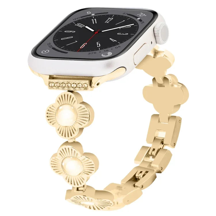 Four Leaf Clover Quick-Release Metal Chain Watch Band, For Apple Watch SE 2023 44mm, For Apple Watch SE 2023 40mm, For Apple Watch Ultra 2 49mm, For Apple Watch Series 9 45mm, For Apple Watch Series 9 41mm, For Apple Watch Ultra 49mm                   ...