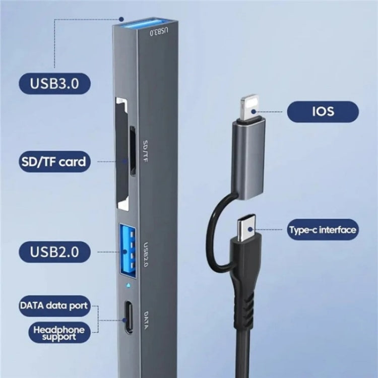 Conversor Hub de Expansão ADS-805 8 Pinos + Tipo-C para USB-C Dados + USB 2.0 / 3.0 + Leitor de Cartões SD / TF, ADS-805