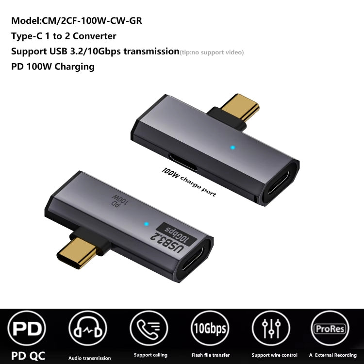 Adaptador conversor OTG USB-C / Tipo-C macho para duplo Tipo-C fêmea USB3.2/10Gbps PD100W, adaptador de carregamento, duplo Tipo-C