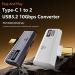 Adaptador conversor OTG USB-C / Tipo-C macho para duplo Tipo-C fêmea USB3.2/10Gbps PD100W, adaptador de carregamento, duplo Tipo-C