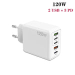 Carregador Multiporta 120W 3 PD Type-C Dual USB para Telemóveis, Ficha UE, Ficha UE