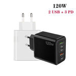 Carregador Multiporta 120W 3 PD Type-C Dual USB para Telemóveis, Ficha UE, Ficha UE