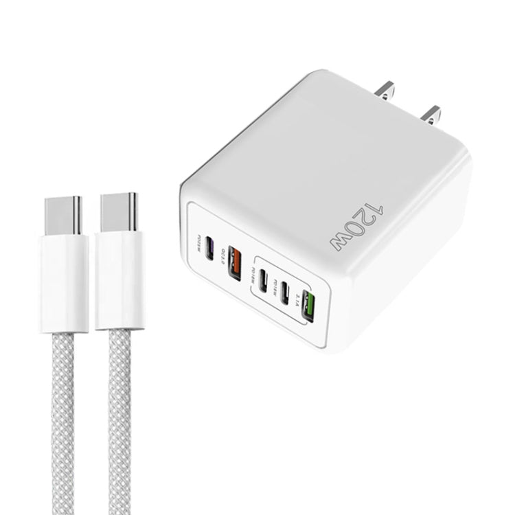 Carregador Rápido Multi Porta 120W PD3.0 3 Type-C 2 USB com Cabo Type-C para Type-C, Ficha US, Ficha US + Cabo C para C