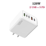 Carregador Rápido Multi Porta 120W PD3.0 3 Type-C 2 USB com Cabo Type-C para Type-C, Ficha US, Ficha US + Cabo C para C