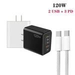 Carregador Rápido Multi Porta 120W PD3.0 3 Type-C 2 USB com Cabo Type-C para Type-C, Ficha US, Ficha US + Cabo C para C