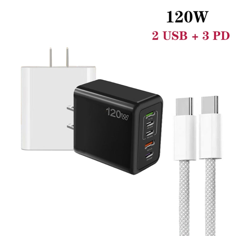 Carregador Rápido Multi Porta 120W PD3.0 3 Type-C 2 USB com Cabo Type-C para Type-C, Ficha US, Ficha US + Cabo C para C
