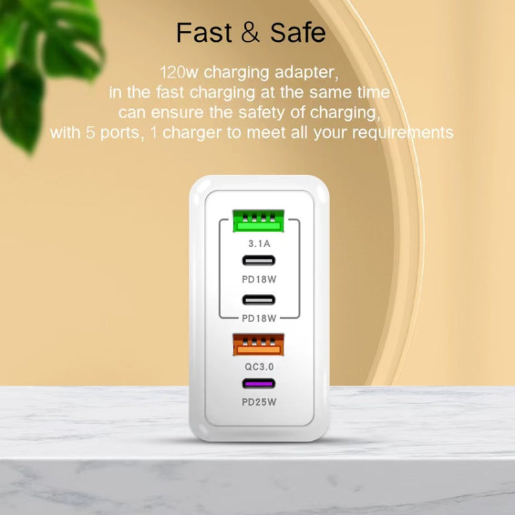 Carregador Rápido Multi Porta 120W PD3.0 3 Type-C 2 USB com Cabo Type-C para Type-C, Ficha US, Ficha US + Cabo C para C