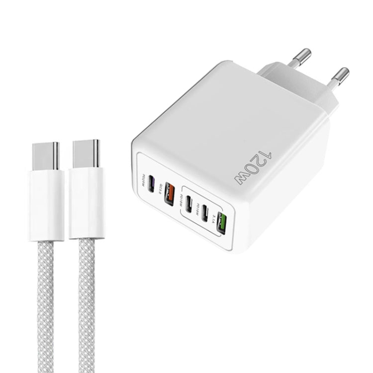 Carregador Rápido Multi Porta 120W PD3.0 3 Type-C 2 USB com Cabo Type-C para Type-C, Ficha UE, Ficha UE + Cabo C para C