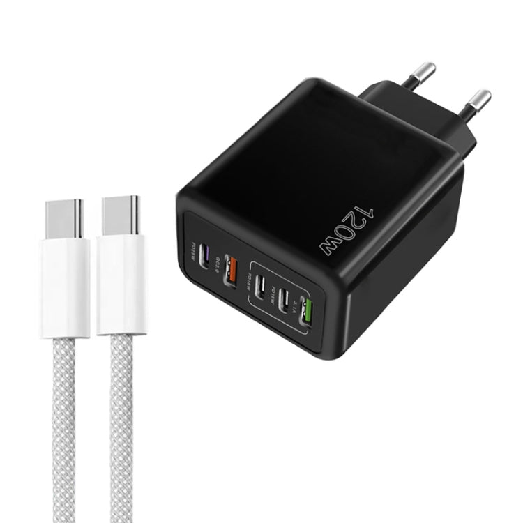 Carregador Rápido Multi Porta 120W PD3.0 3 Type-C 2 USB com Cabo Type-C para Type-C, Ficha UE, Ficha UE + Cabo C para C