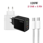 Carregador Rápido Multi Porta 120W PD3.0 3 Type-C 2 USB com Cabo Type-C para Type-C, Ficha UE, Ficha UE + Cabo C para C