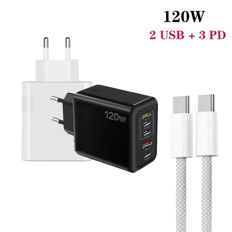 Carregador Rápido Multi Porta 120W PD3.0 3 Type-C 2 USB com Cabo Type-C para Type-C, Ficha UE, Ficha UE + Cabo C para C