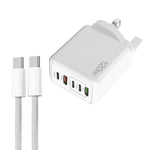 Carregador Rápido Multi Porta 120W PD3.0 3 Type-C 2 USB com Cabo Type-C para Type-C, Ficha UK, Ficha UK + Cabo C para C