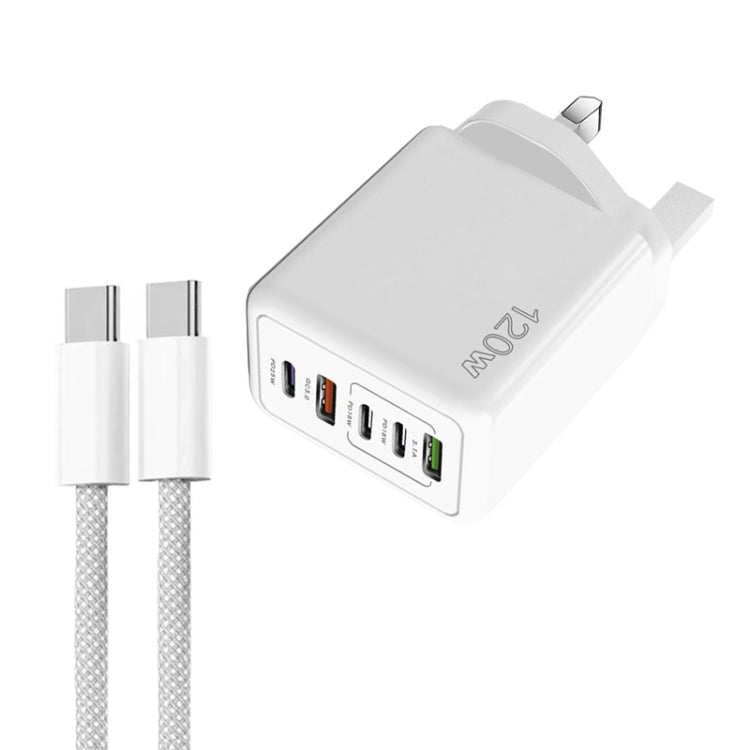 Carregador Rápido Multi Porta 120W PD3.0 3 Type-C 2 USB com Cabo Type-C para Type-C, Ficha UK, Ficha UK + Cabo C para C