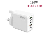 Carregador Rápido Multi Porta 120W PD3.0 3 Type-C 2 USB com Cabo Type-C para Type-C, Ficha UK, Ficha UK + Cabo C para C