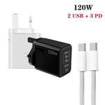 Carregador Rápido Multi Porta 120W PD3.0 3 Type-C 2 USB com Cabo Type-C para Type-C, Ficha UK, Ficha UK + Cabo C para C