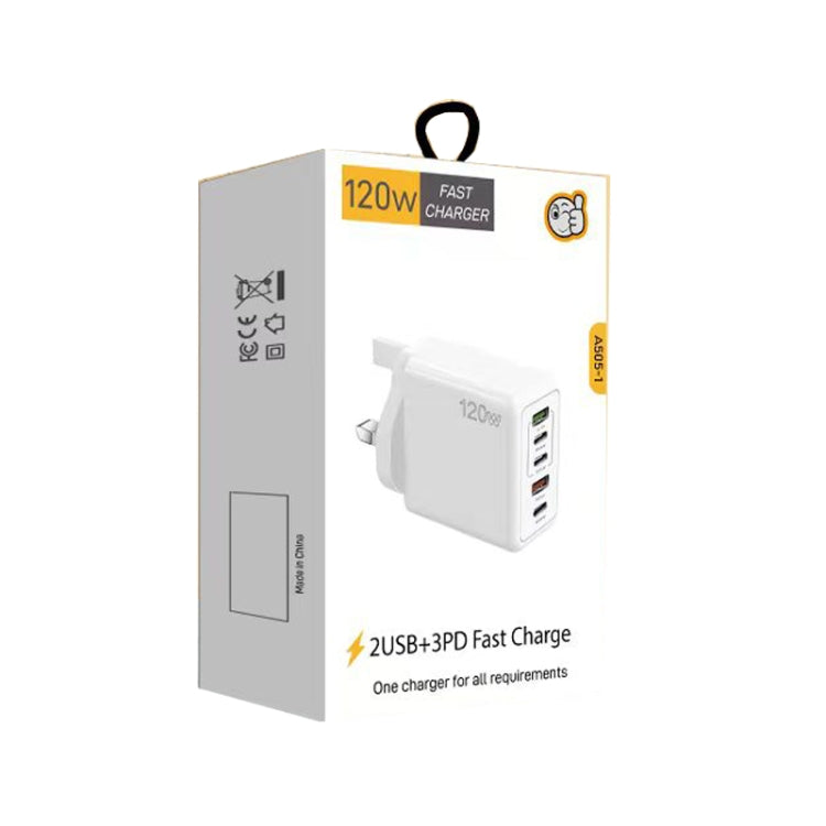 Carregador Rápido Multi Porta 120W PD3.0 3 Type-C 2 USB com Cabo Type-C para Type-C, Ficha UK, Ficha UK + Cabo C para C