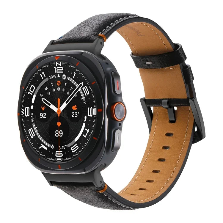 Correia de Relógio em Pele Genuína com Fivela Preta Costurada para Samsung Galaxy Watch Ultra 47mm