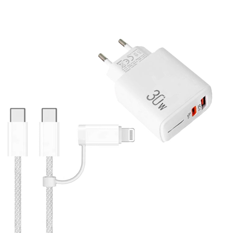 Carregador PD31 30W USB-C / Type-C + USB-A com Cabo de Dados 2 em 1 Type-C+8 Pinos, Ficha UE, Ficha UE + Cabo de Dados 2 em 1