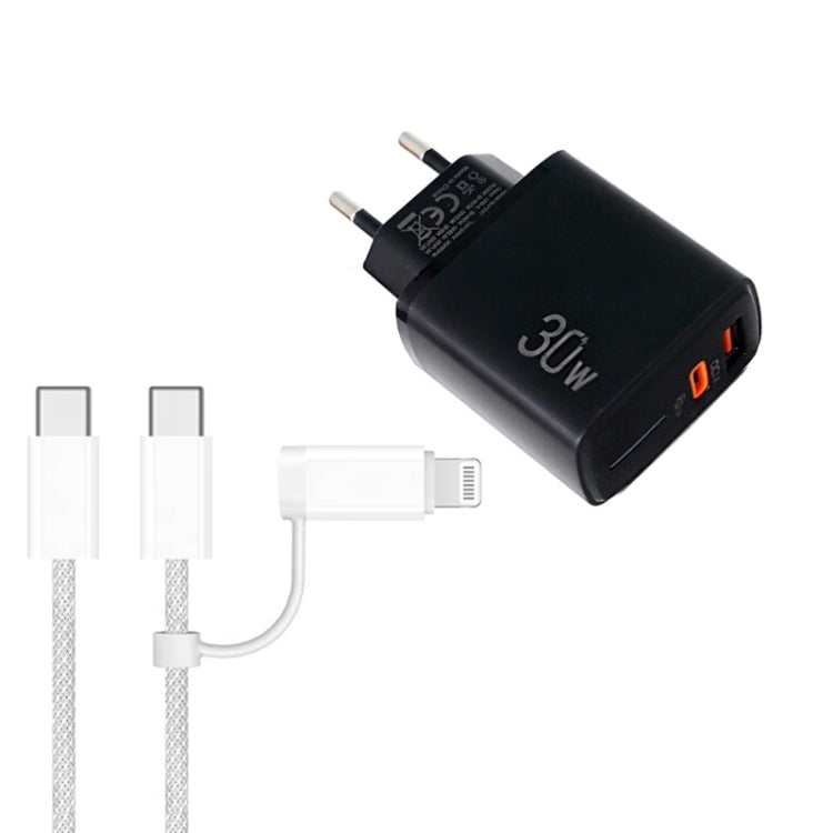 Carregador PD31 30W USB-C / Type-C + USB-A com Cabo de Dados 2 em 1 Type-C+8 Pinos, Ficha UE, Ficha UE + Cabo de Dados 2 em 1