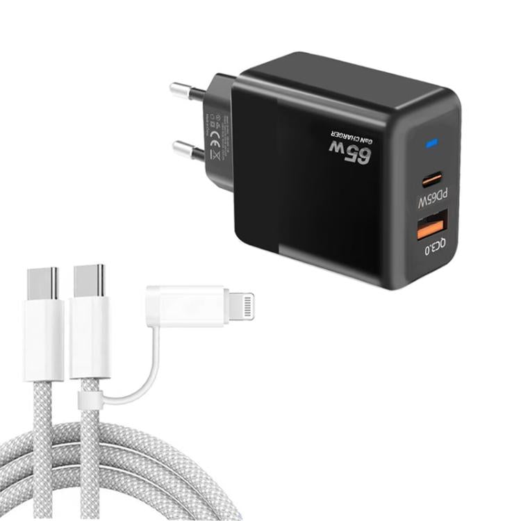 Carregador PD41 GaN PD 45W + USB com Cabo de Dados USB-C para USB-C / 8 Pinos para iPhone, Ficha UE, Ficha UE