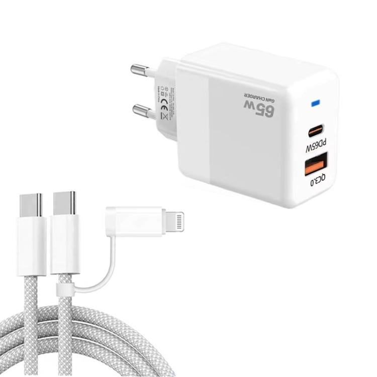 Carregador PD41 GaN PD 45W + USB com Cabo de Dados USB-C para USB-C / 8 Pinos para iPhone, Ficha UE, Ficha UE