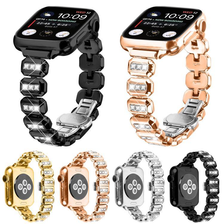 Pulseira com Fivela Borboleta e Pequenos Diamantes Quadrados, para Apple Watch 46mm / 49mm / 45mm / 44mm, para Apple Watch 42mm / 41mm / 40mm / 38mm