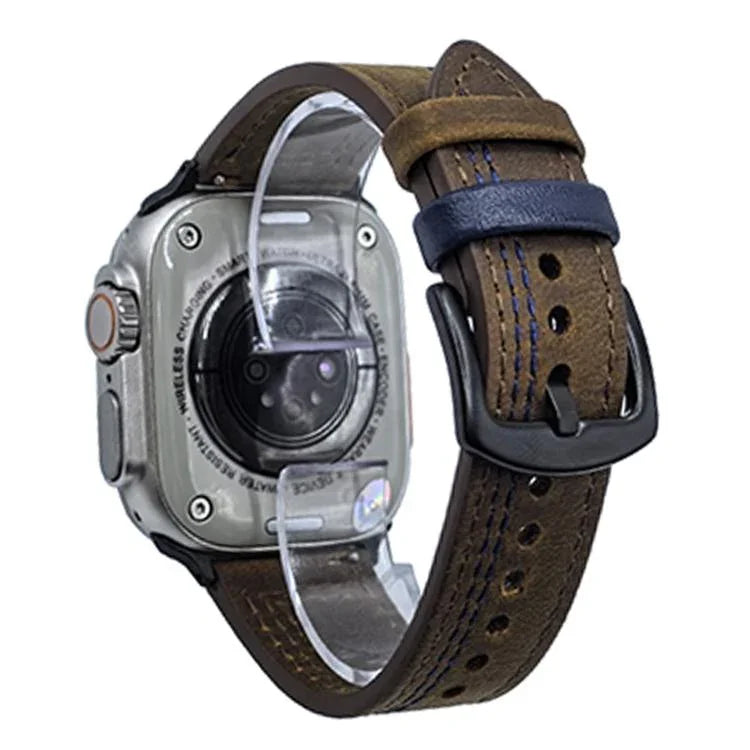 Bracelete de Relógio em Pele com Fivela Tri-Estrela de 7 Linhas, Para Apple Watch 46mm / 49mm / 45mm / 44mm, Para Apple Watch 42mm / 41mm / 40mm / 38mm