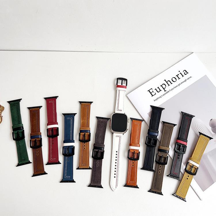 Bracelete de Relógio em Pele com Fivela Tri-Estrela de 7 Linhas, Para Apple Watch 46mm / 49mm / 45mm / 44mm, Para Apple Watch 42mm / 41mm / 40mm / 38mm