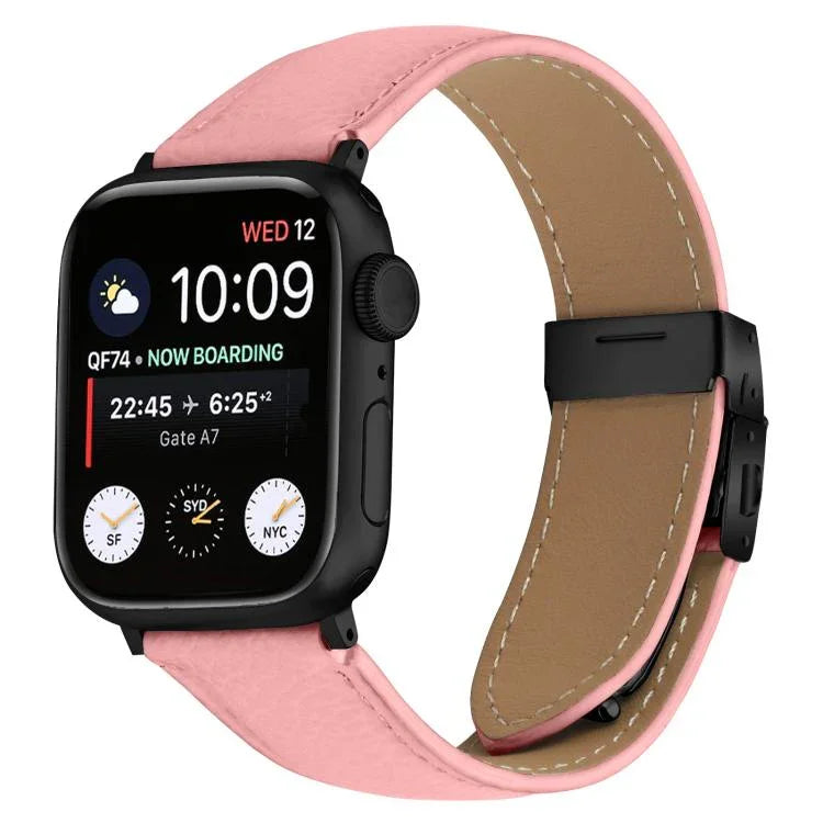 Pulseira de Relógio em Pele com Textura de Lichia e Fivela Tartaruga Preta, Para Apple Watch 46mm / 49mm / 45mm / 44mm, Para Apple Watch 42mm / 41mm / 40mm / 38mm