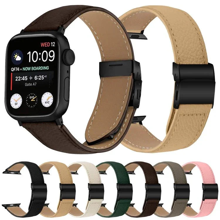 Lychee Texture Black Turtle Back Buckle Leather Watch Band, For Apple Watch 46mm / 49mm / 45mm / 44mm, For Apple Watch 42mm / 41mm / 40mm / 38mm