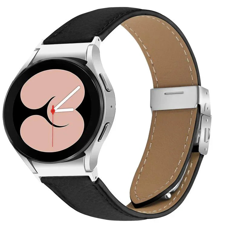 Correia de Relógio em Pele com Textura Lychee, Fivela Turtle Back em Prateado, Para Samsung Galaxy Watch 7 40 / 44mm