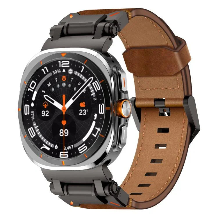 Correia de relógio em pele com cabeça em aço inoxidável Explorer, Para Samsung Galaxy Watch Ultra 47mm / Ultra 2025
