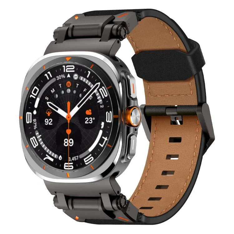 Correia de relógio em pele com cabeça em aço inoxidável Explorer, Para Samsung Galaxy Watch Ultra 47mm / Ultra 2025
