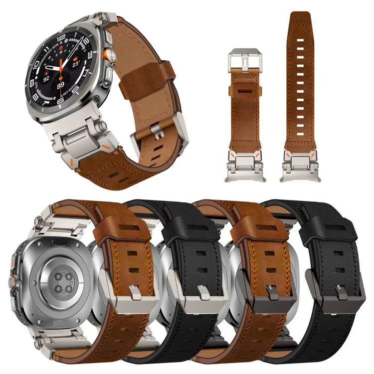 Correia de relógio em pele com cabeça em aço inoxidável Explorer, Para Samsung Galaxy Watch Ultra 47mm / Ultra 2025