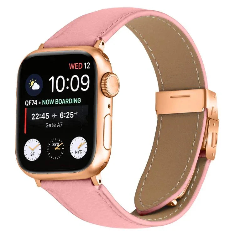 Pulseira de Relógio em Pele com Textura de Lichia e Fivela Tartaruga Dourada Rosa, Para Apple Watch 46mm / 49mm / 45mm / 44mm, Para Apple Watch 42mm / 41mm / 40mm / 38mm
