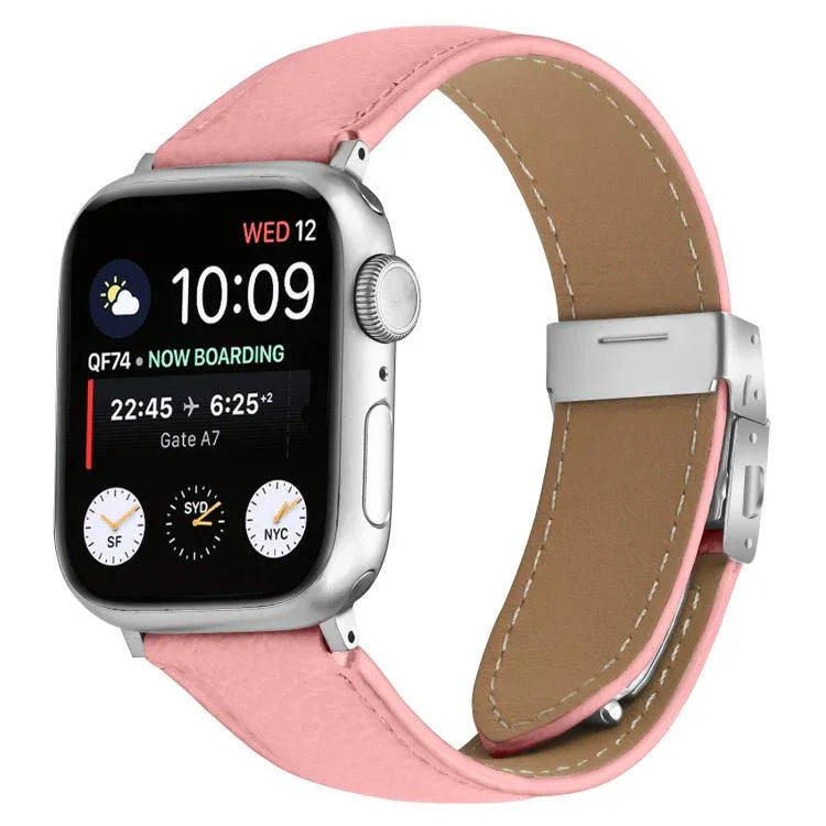 Pulseira de Relógio em Pele com Textura de Lichia e Fivela Tartaruga Prateada, Para Apple Watch 46mm / 49mm / 45mm / 44mm, Para Apple Watch 42mm / 41mm / 40mm / 38mm